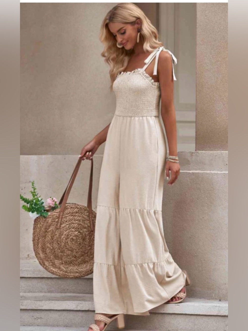 Woman’s Cream Tie-Shoulder Smocked Tiered Jumpsuit w/ Tie Straps, Size XL, NWOT